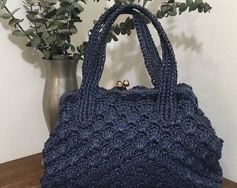 1950s 1960s Blue Raffia Handbag, Vintage Top Handle Purse, Vintage Accessory