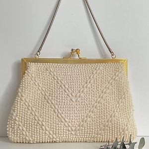 Vintage Off White Beaded Evening Bag, Vintage Beaded Purse, Mid Century Accessory