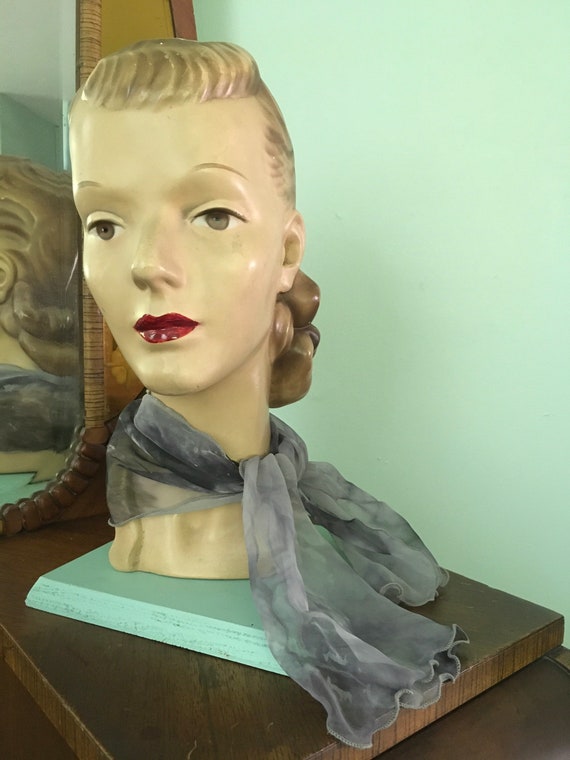 1950’s Nylon Black Gray Ladies Headscarf, Mid Cen… - image 4