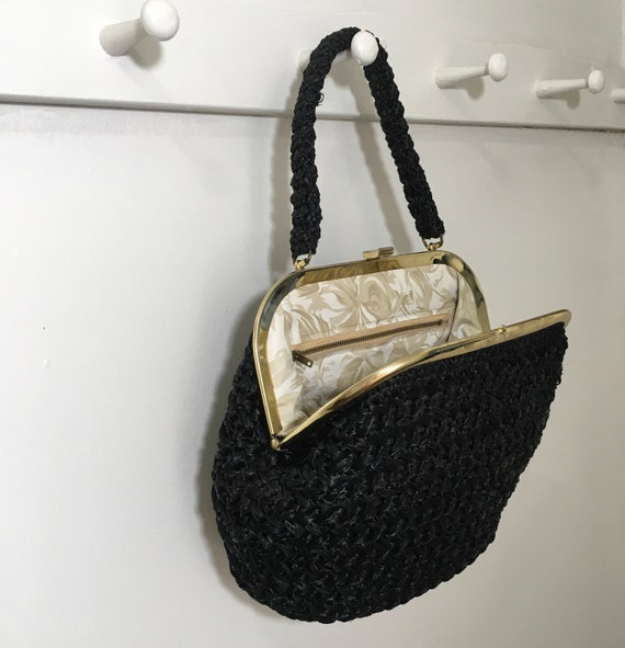 1950s 1960s Black Woven Raffia Purse, Vintage Top… - image 7