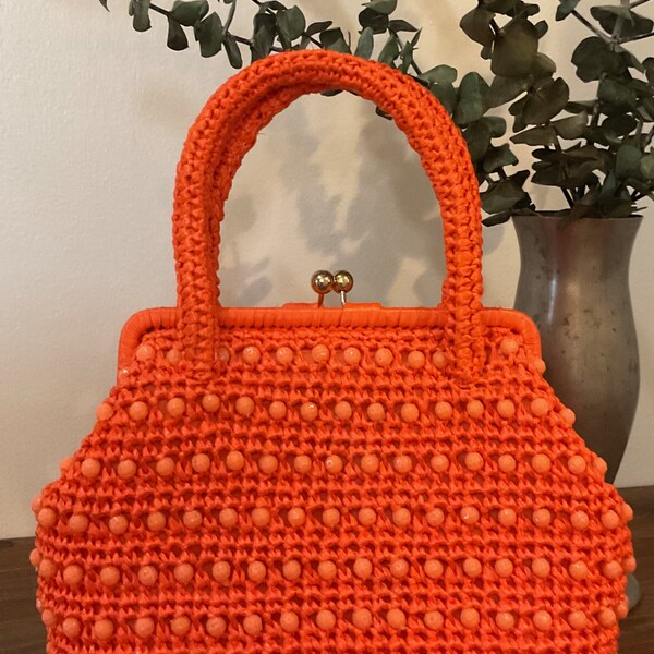 1950s 1960s Created For Bradlees Orange Beaded Raffia Top Handle Handbag, Vintage Retro Purse, Vintage Accessory