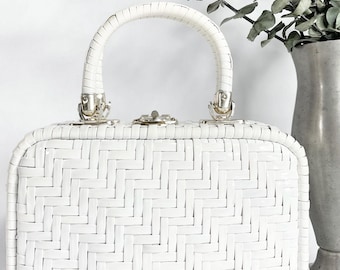 1950s 1960s Lesco Lona White Woven Vinyl Box Bag, Vintage 50s 60s Purse, Mid Century Accessory