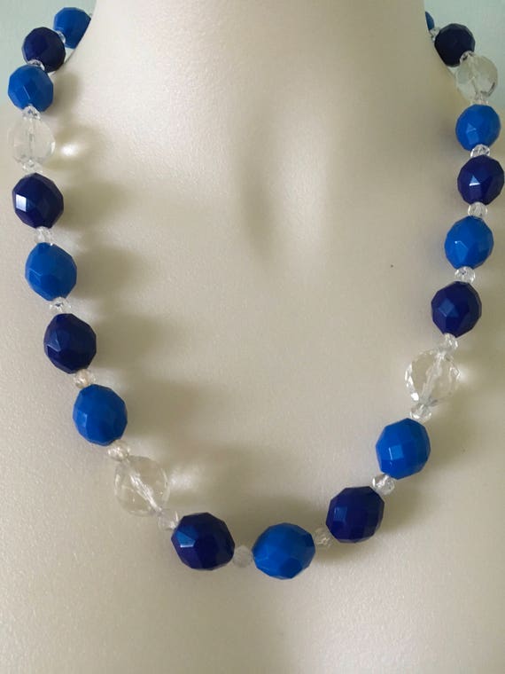 Vintage Blue and Clear Beaded Necklace - image 3