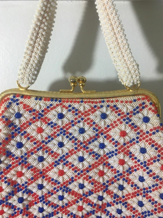 1950s Red White Blue Bead Purse, Vintage 50s Bead… - image 6