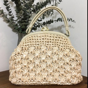 Bolso grande de paja tejida con cuentas de rafia de los años 50, bolso vintage, accesorio de mediados de siglo
