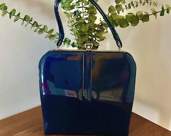 RESERVED……. 1950s Navy Blue Patent Leather Handbag, Mid Century Vinyl Top Handle Purse