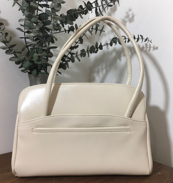 1960s Off White Vinyl Handbag, Vintage Top Handle… - image 1