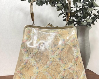 Vintage 1950s Mid Century Purse, 50s Plastic Handbag w/Lucite Handle, Vintage Accessory