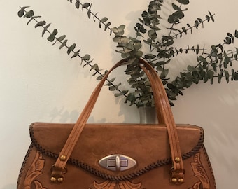 1960s 1970s Hand Tooled Leather Top Handle Box Bag, Vintage Leather Satchel Purse
