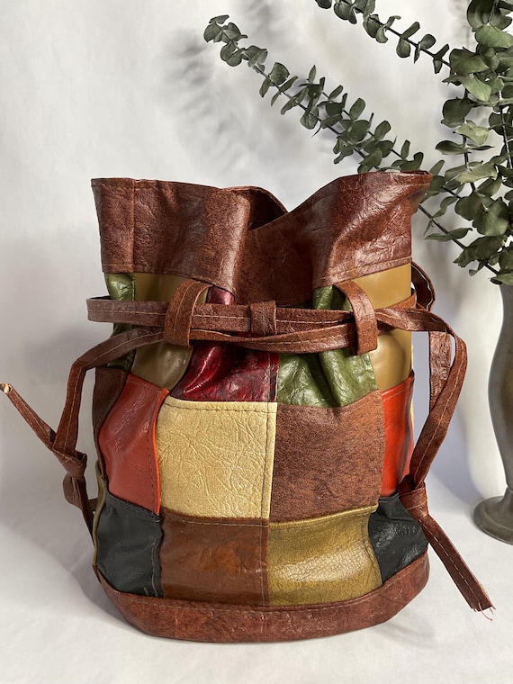 1960s 1970s Multi Colored Patchwork Drawstring Bu… - image 3