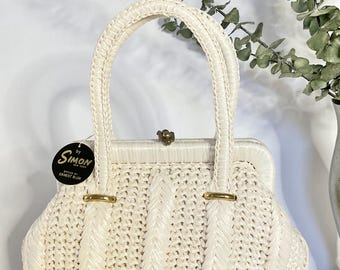 1950s Simon New York Raffia Handbag, Vintage Off-White Purse NOS