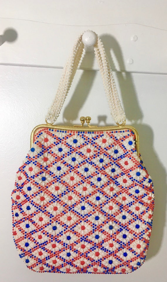 1950s Red White Blue Bead Purse, Vintage 50s Bead… - image 1