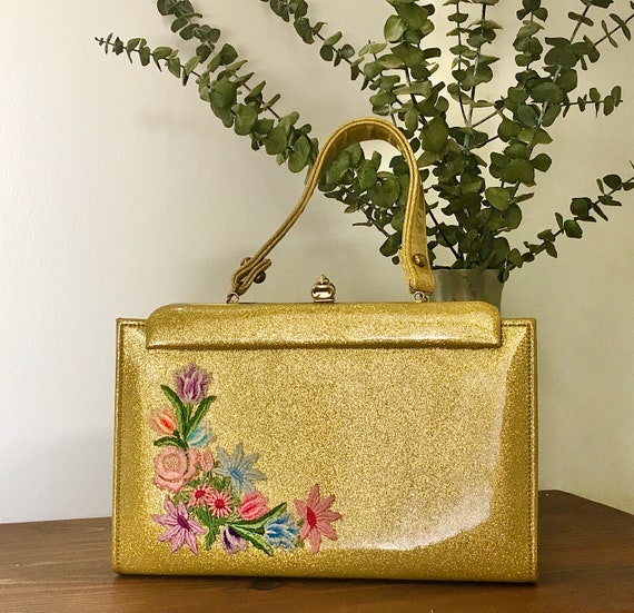 1950s Faye Mell Design Miami Gold Glitter Vinyl Top Handle