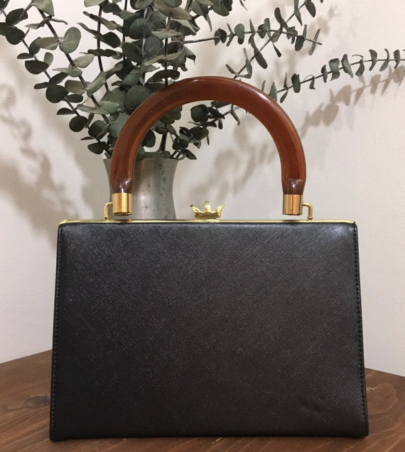 1950s 1960s Black Kelly Handbag, Vintage Structured Top Handle Purse, Mid Century Accessory