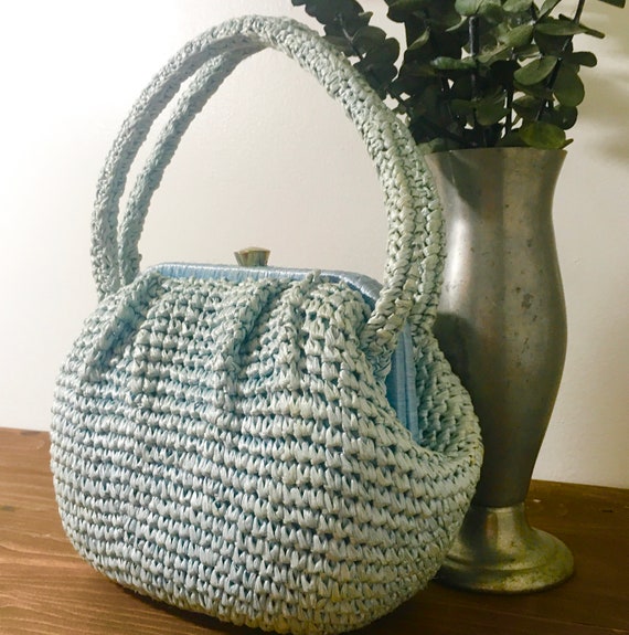 1950s 1960s Dayne Taylor Pale Blue Raffia Purse, … - image 4