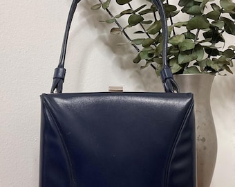 1950s Navy Blue Vinyl Handbag, Tall Top Handle Vintage Purse