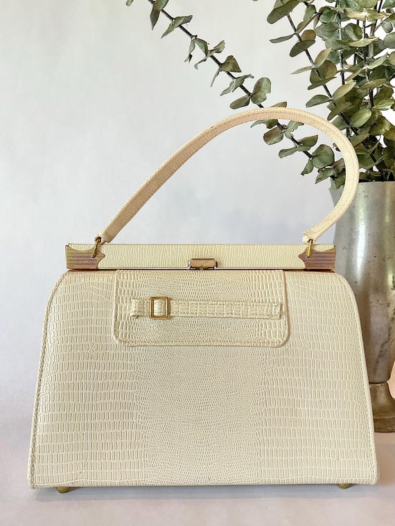 1950s 1960s A Naturalizer Off White Faux Reptile Top Handle Handbag, Vintage 50s 60s Vinyl Purse, Mid Century Accessory