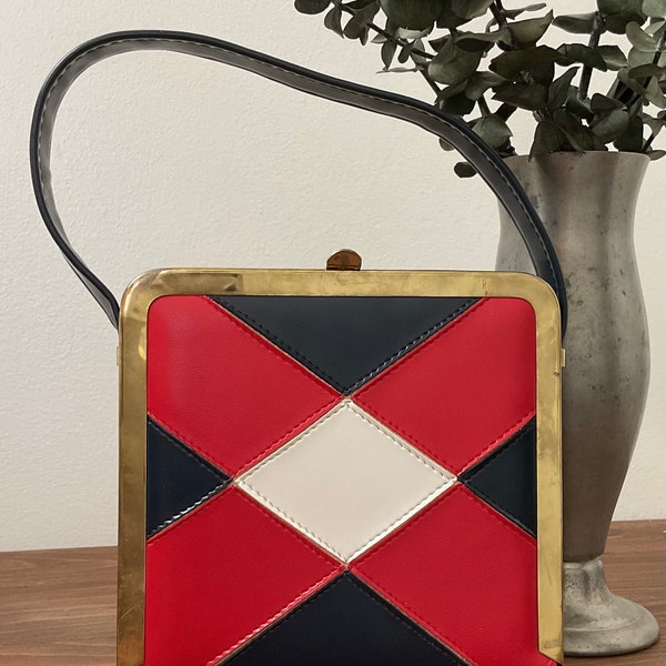 1960s Retro Red White & Blue Color Block Vinyl Top Handle Handbag, Vintage 60s Mod Purse, Vintage Accessory