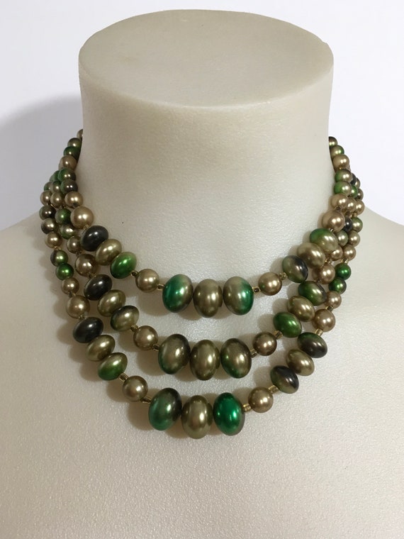 Vintage Green & Gold Beaded Necklace, Vintage Jew… - image 1