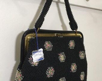 Lumured ヴィンテージ　50 ‘s 古くて素敵なビーズバッグ　アイボリー 1950s NOS W/tags Lumured Corde' Bead Purse, Vintage Top