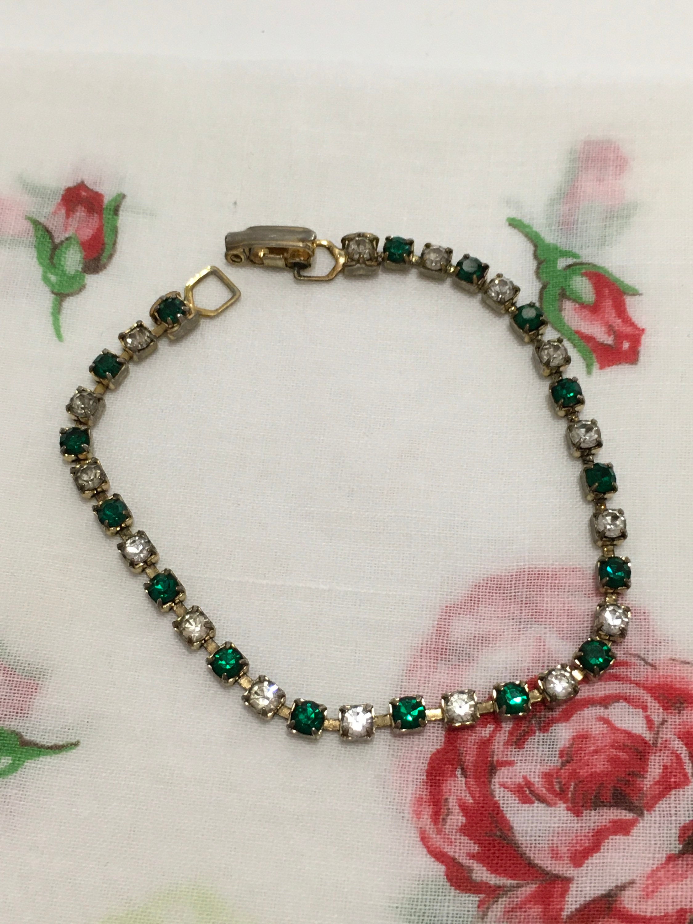Vintage Bracelet, Vintage Green and Clear Faceted Rhinestone