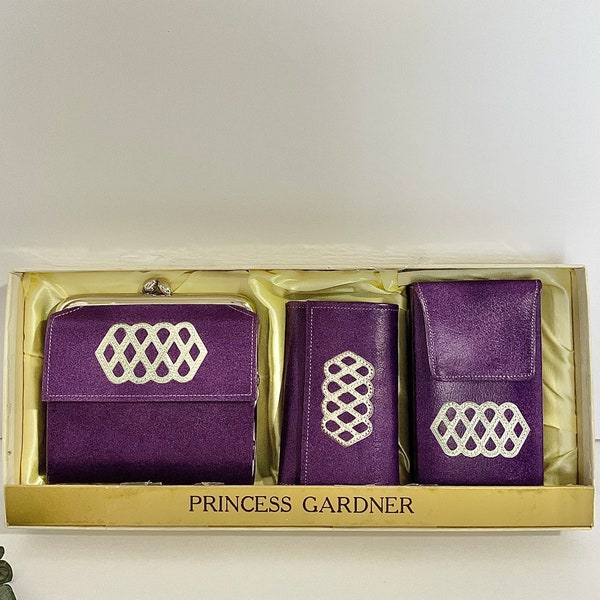 1960s NOS w/Box Princess Gardner Purple Leather Wallet, Key Case, Cigarette Case