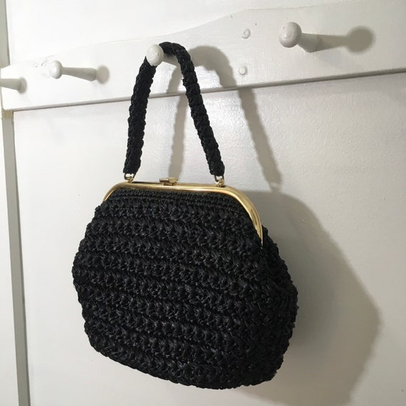 1950s 1960s Black Woven Raffia Purse, Vintage Top… - image 5