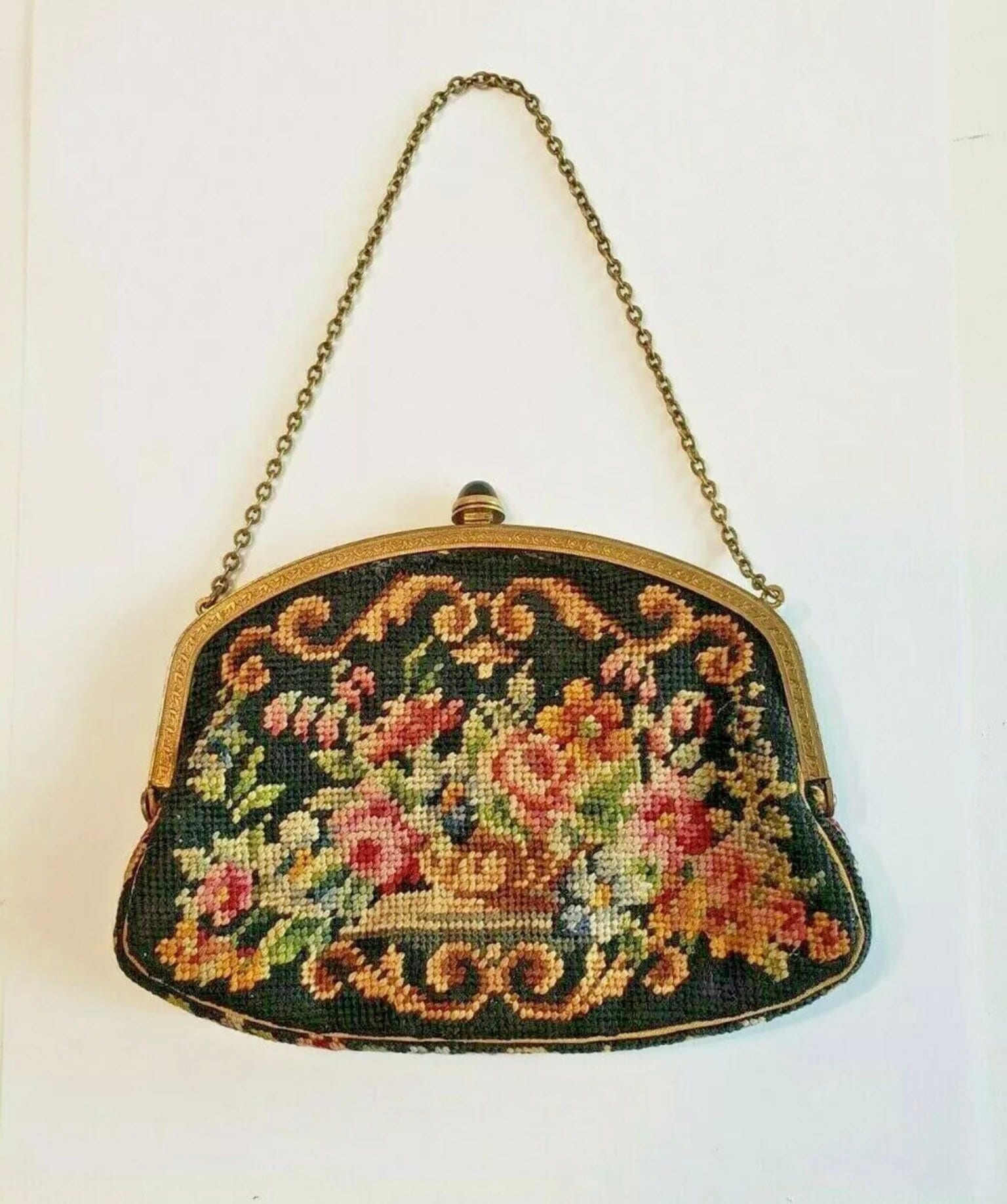 バッグ antique Petit Point bag Vintage Austrian Petit Point Evening Bag, Petit Point Kiss