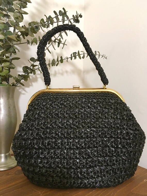 1950s 1960s Black Woven Raffia Purse, Vintage Top… - image 6