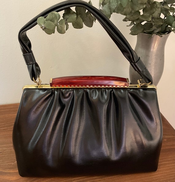 1950s 1960s Black Vinyl Top Handle Handbag, Vinta… - image 2