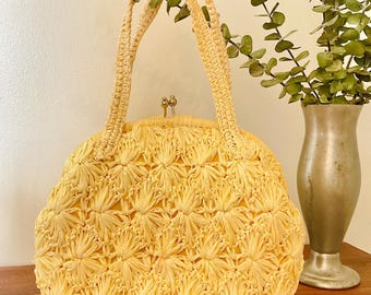 1950s Creamy Yellow Raffia Top Handle Purse, Vintage 50s Yellow Handbag, Mid Century Accessory