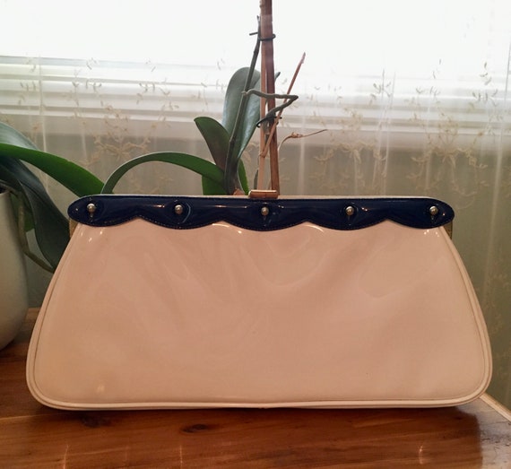 1950s 1960s JR Clutch, Vintage Blue & White Paten… - image 1