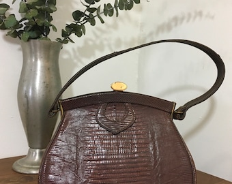 1940s Reptile Top Handle Handbag, Vintage Purse, Vintage Accessory