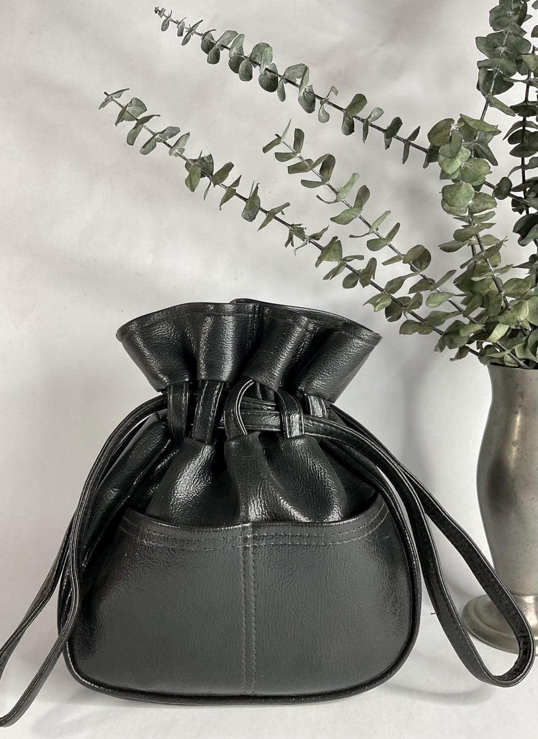 1960s 1970s J.R. U.S.A. Black Vinyl Drawstring Bucket Bag, Vintage 60s ...