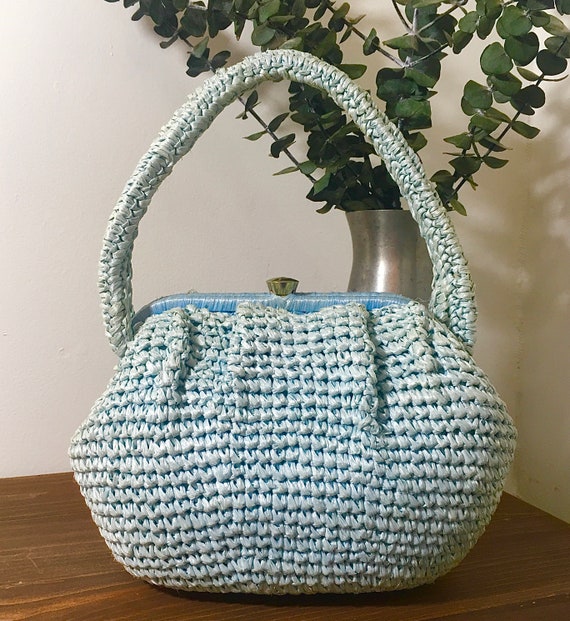 1950s 1960s Dayne Taylor Pale Blue Raffia Purse, … - image 1