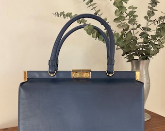 Vintage 1950s Kadin Blue Vinyl Handbag, Structured Top Handle Purse