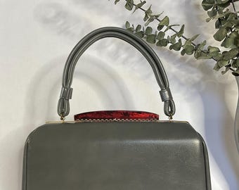 Vintage 1950s Gray Vinyl Handbag, Tortoise Clasp, Mid Century Purse
