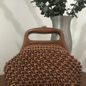 1960s Brown Raffia Beaded Purse, Vintage 60s Made In Italy Purse, Mid Century Accessory