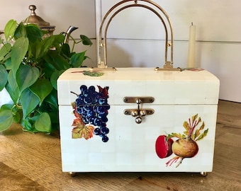 1960s 1970s Wooden Purse, Vintage Fruit/Veggies Decoupaged Wooden Box Bag