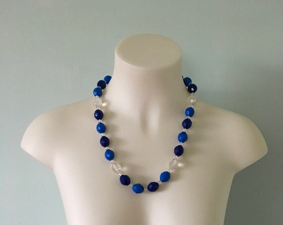 Vintage Blue and Clear Beaded Necklace - image 2