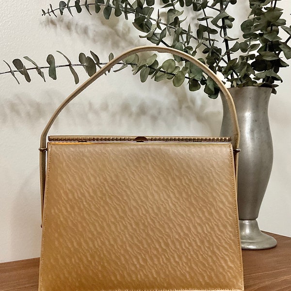 1950s 1960s Andrew Geller Gold/Tan Petite Textured Vinyl Top Handle Handbag, Vintage Purse, Mid Century Accessory
