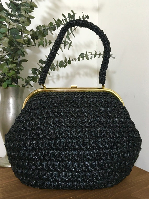 1950s 1960s Black Woven Raffia Purse, Vintage Top… - image 9