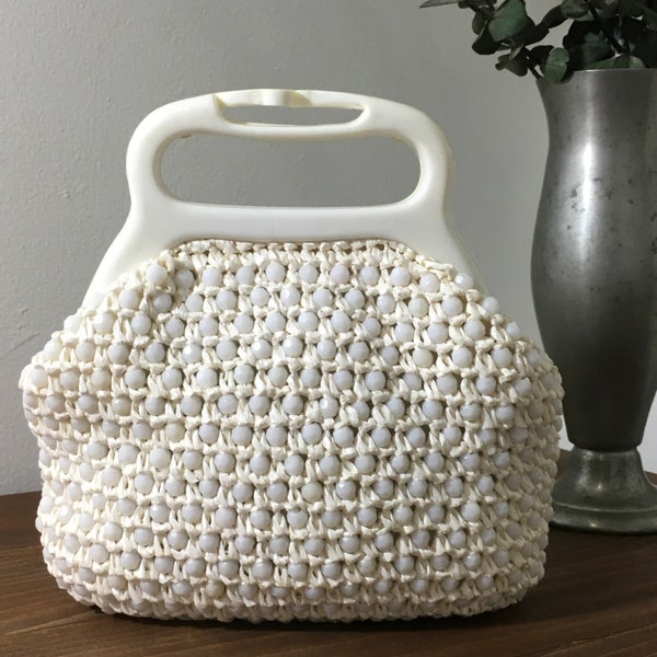 1960s Crocheted White Beaded Purse, Vintage Mod Handbag, Mid Century Accessory
