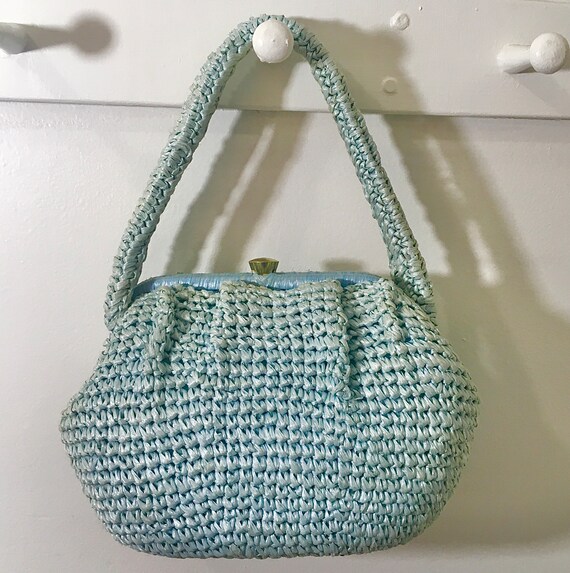 1950s 1960s Dayne Taylor Pale Blue Raffia Purse, … - image 3