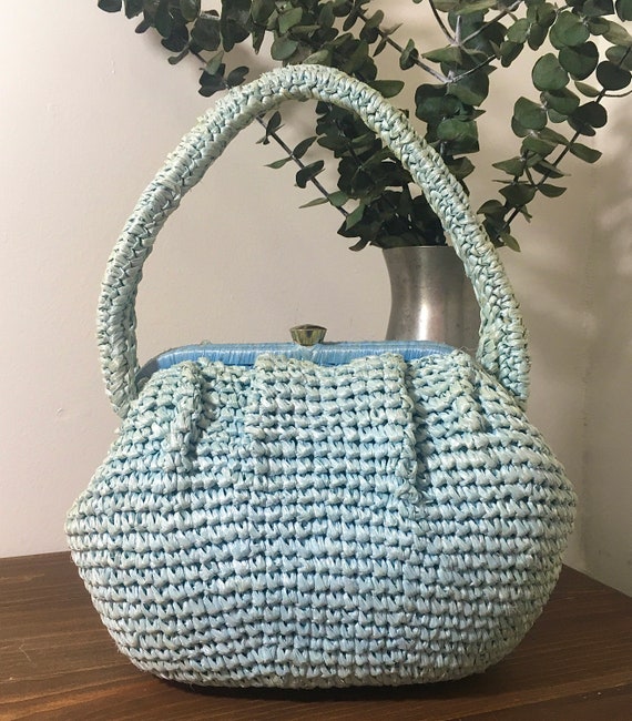 1950s 1960s Dayne Taylor Pale Blue Raffia Purse, … - image 2