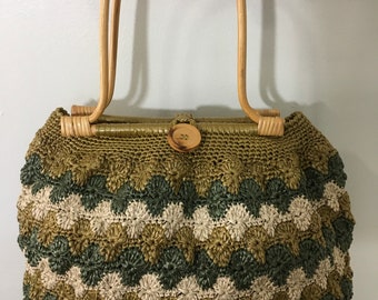 1950s NOS w/o Tags Raffia Crochet Handbag, 50s Purse, Mid Century Accessory