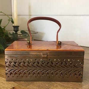 Vintage 1950s Brass Filigree Purse w/Lucite Purse,  Vintage Box Bag, Mid Century Accessory