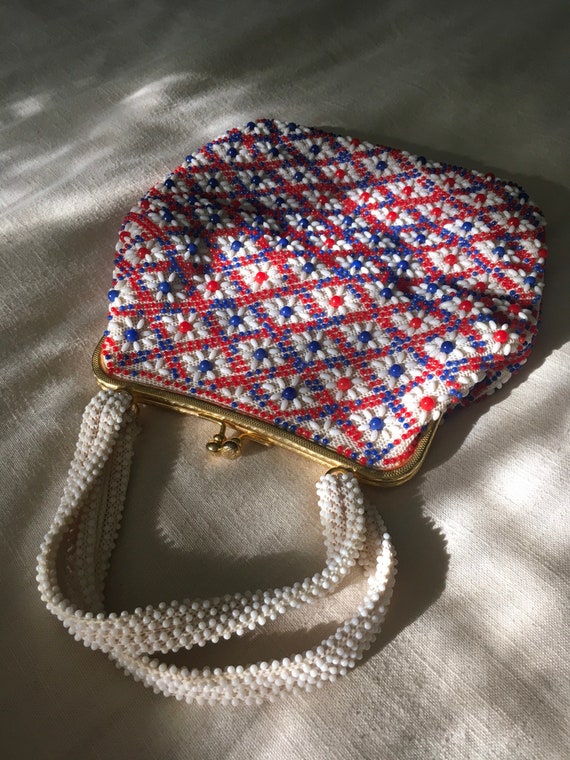 1950s Red White Blue Bead Purse, Vintage 50s Bead… - image 3