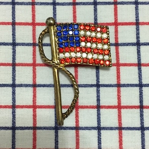 Vintage American Flag Brooch, Red White And Blue Rhinestone Brooch, 50s Jewelry