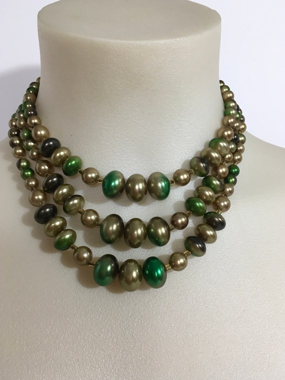 Vintage Green & Gold Beaded Necklace, Vintage Jew… - image 3